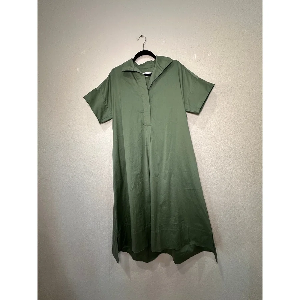 Chicos Olive Green Collared Short Sleeve Shirt Dress Midi Pockets Size 2 - Picture 5 of 9